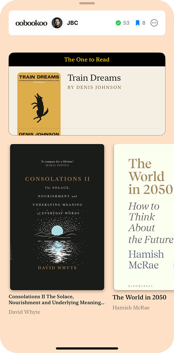 JBC's oobookoo bookshelf — Train Dreams, Consolations II, and The World in 2050