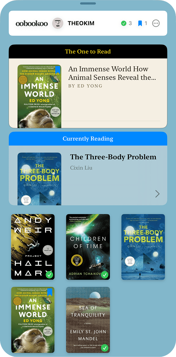theokim's oobookoo bookshelf — sci-fi reads featuring An Immense World and The Three-Body Problem